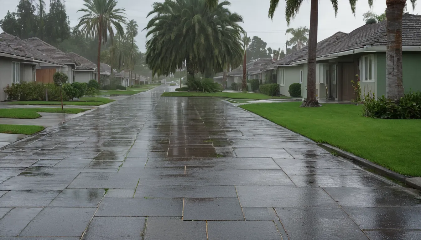 A quiet residential street in Miami with block homes and palm trees after a summer rain